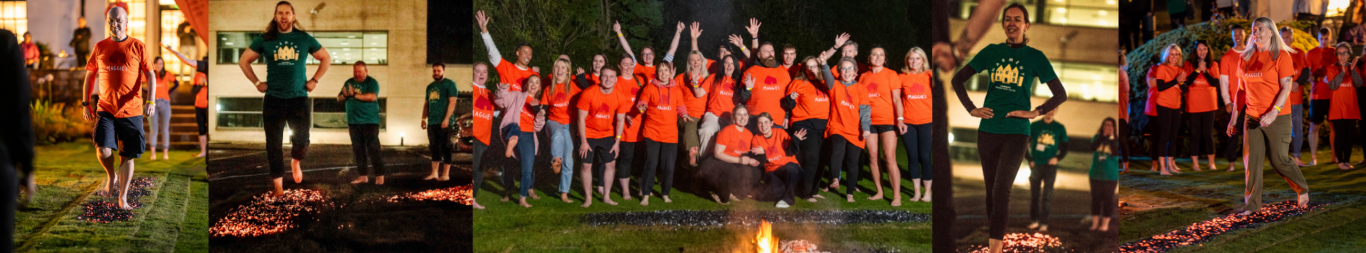 Supporters taking part in a charity firewalk event in the UK, walking barefoot over hot coals with Kick Ash Firewalks Glenrothes Scotland