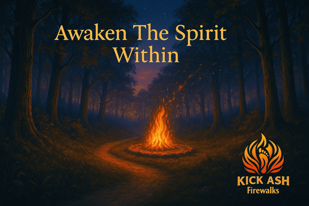 Forest clearing at dusk with glowing fire circle and Kick Ash Firewalks logo, symbolising spiritual awakening and personal growth.