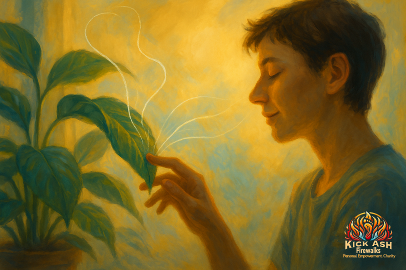 Semi-realistic digital painting of a person standing in a lush forest clearing, surrounded by soft mist and warm light filtering through tall trees, symbolising nature’s hidden connections and the curiosity of Cleve Backster’s plant perception research.