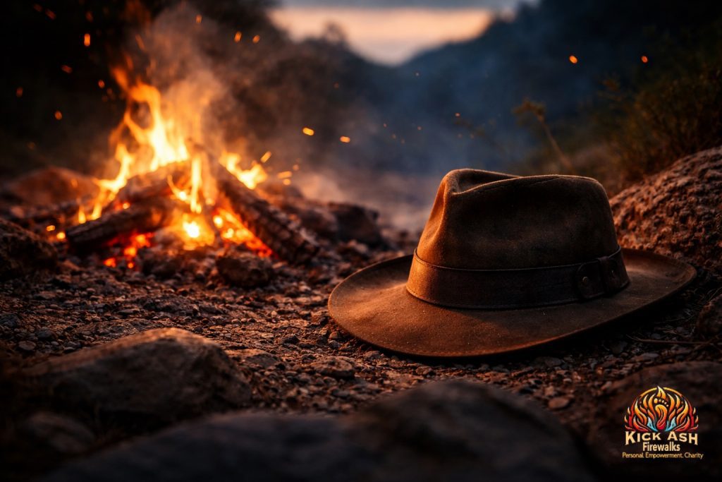Adventure inspired firewalking image showing a weathered fedora beside glowing embers and an open fire at dusk, symbolising courage, transformation and personal growth, branded with Kick Ash Firewalks and kickashfirewalks.co.uk